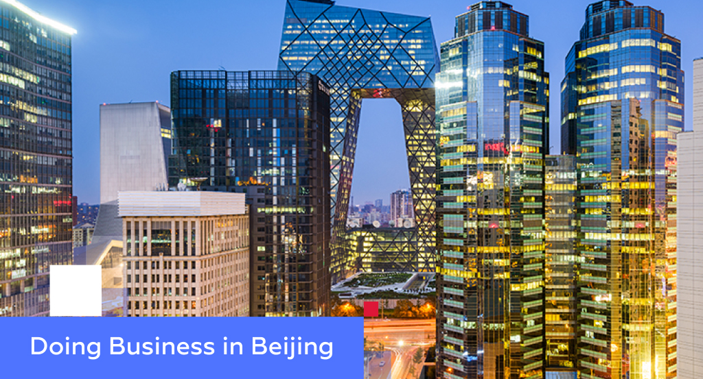 Beijing CBD skyline at dusk with the CCTV Headquarters tower — illustrating doing business in Beijing