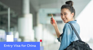 Smiling traveler holding her passport at an airport terminal — illustrating entry visa for China