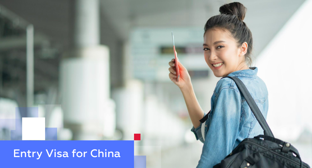 Smiling traveler holding her passport at an airport terminal — illustrating entry visa for China