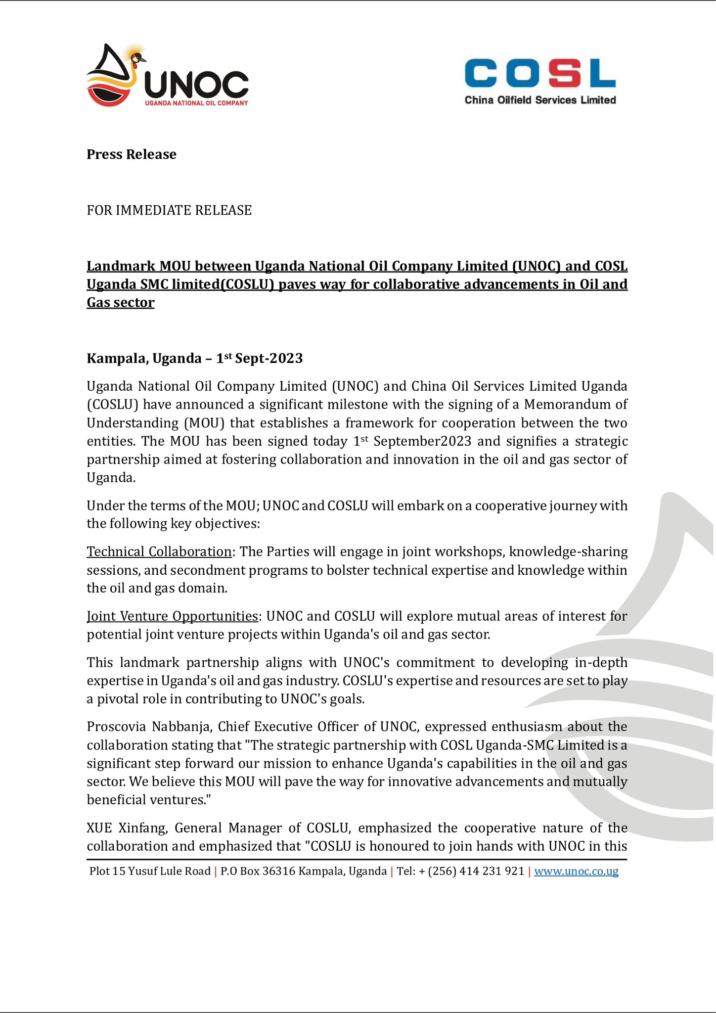 UNOC and COSLU sign landmark MOU on September 1, 2023, in Kampala to drive innovation and collaboration in Uganda's oil and gas sector