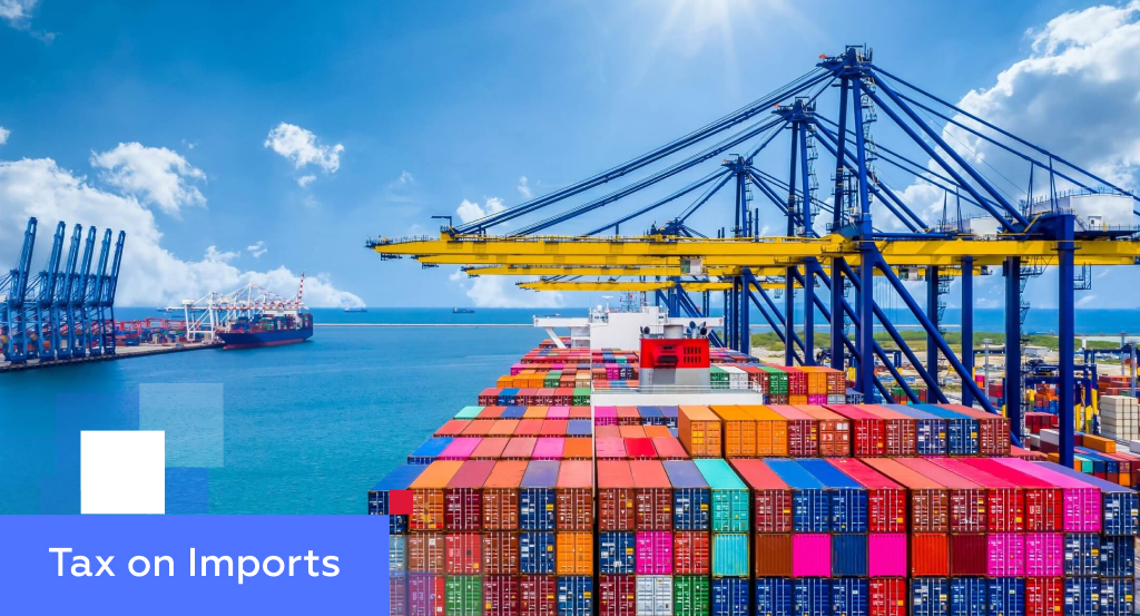 Chinese container port with red gantry cranes and stacked shipping containers — illustrating tax on imports in China
