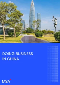 Cover of MSA Asia’s ‘Doing Business in China’ guide — a Shenzhen Talent Park view above a deep-blue title block