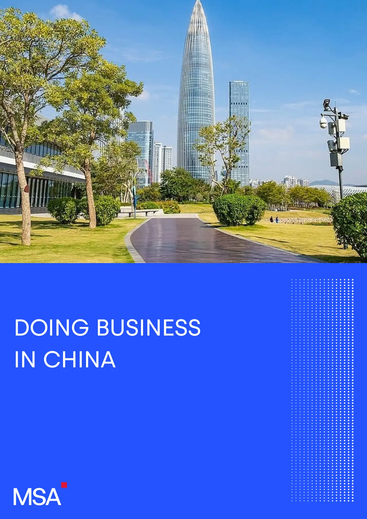 Cover of MSA Asia’s ‘Doing Business in China’ guide — a Shenzhen Talent Park view above a deep-blue title block